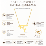 A product information graphic for a gothic-inspired initial necklace. The central image shows a gold-toned necklace with a deer head pendant and a small gold letter 'A' charm.