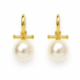 Sleek gold-tone toggle bar earrings featuring a lustrous pearl drop, blending modern structure with timeless charm for a refined, fashion-forward statement.