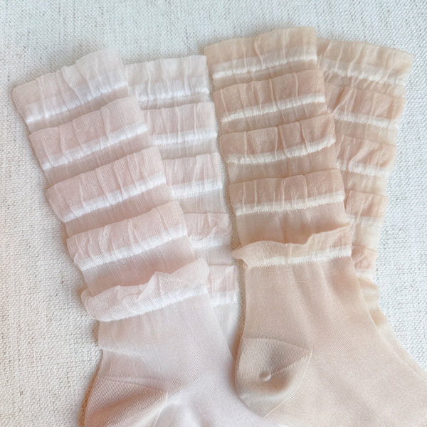 Set of two socks adorned with cascading tulle lace detailing, adding a soft, romantic flair to any look.