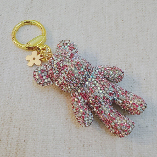 Pink crystal bear bag charm with gold clasp – sparkly and adorable accessory
