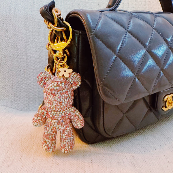 Pink crystal bear bag charm with gold clasp – sparkly and adorable accessory
