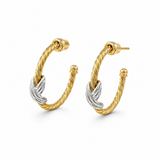 A pair of gold and silver cable-knit hoop earrings with twisted details, shown on a clean white background.