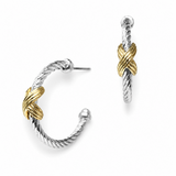 A pair of silver and yellow gold hoop earrings with a twisted rope design and an interlaced knot at the front, shown on a clean white background.