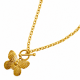 Gold butterfly pendant necklace on a white background
