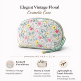 Elegant vintage floral cosmetic case with product details on a white background