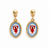 Pair of earrings with red lobster design on a blue background with gold accents.