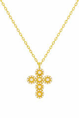 Elegant vintage-inspired necklace featuring a delicate cross pendant adorned with lustrous pearls and intricate detailing. Suspended from a fine chain, this piece blends timeless charm with a touch of sophistication—ideal for both faith-inspired style and classic fashion statements.