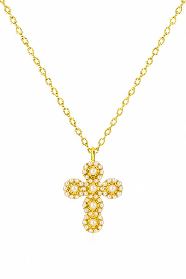 Elegant vintage-inspired necklace featuring a delicate cross pendant adorned with lustrous pearls and intricate detailing. Suspended from a fine chain, this piece blends timeless charm with a touch of sophistication—ideal for both faith-inspired style and classic fashion statements.