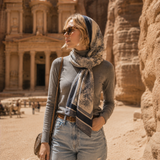 A woman wearing a gray long-sleeve top, light blue jeans, and a blue and beige patterned scarf stands in a sandy desert canyon with a large ancient stone building in the background.