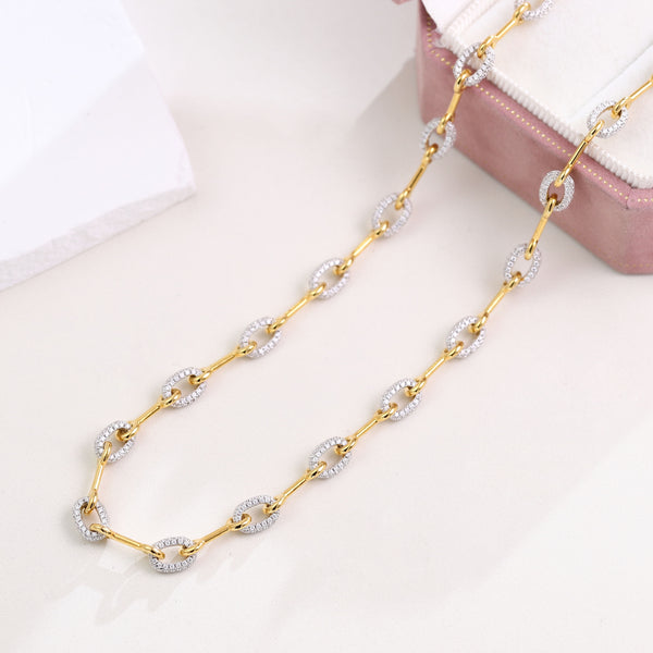 Paved Horsebit Link Chain Necklace- Moissanite And Gold Dipped Sterling Silver