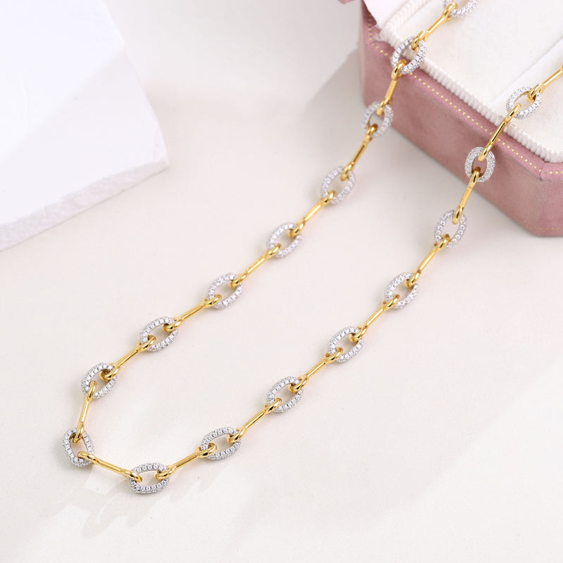 Paved Horsebit Link Chain Necklace- Moissanite And Gold Dipped Sterling Silver