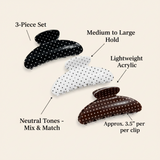 Three polka dot hair clips in black, white, and brown on a beige background with text describing features.