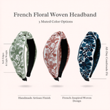 Three floral woven headbands with text describing features on a white background