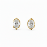 Gold earrings with clear gemstones on a white background