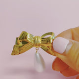 Golden Bow Dangle Pearl Hair Clip