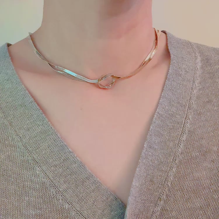 Knotted Two Tone Herringbone Chain Necklace