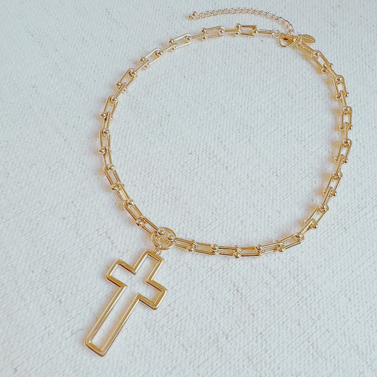 Stylish-Cross-Pendant-U-Chain-Necklace-In-Gold