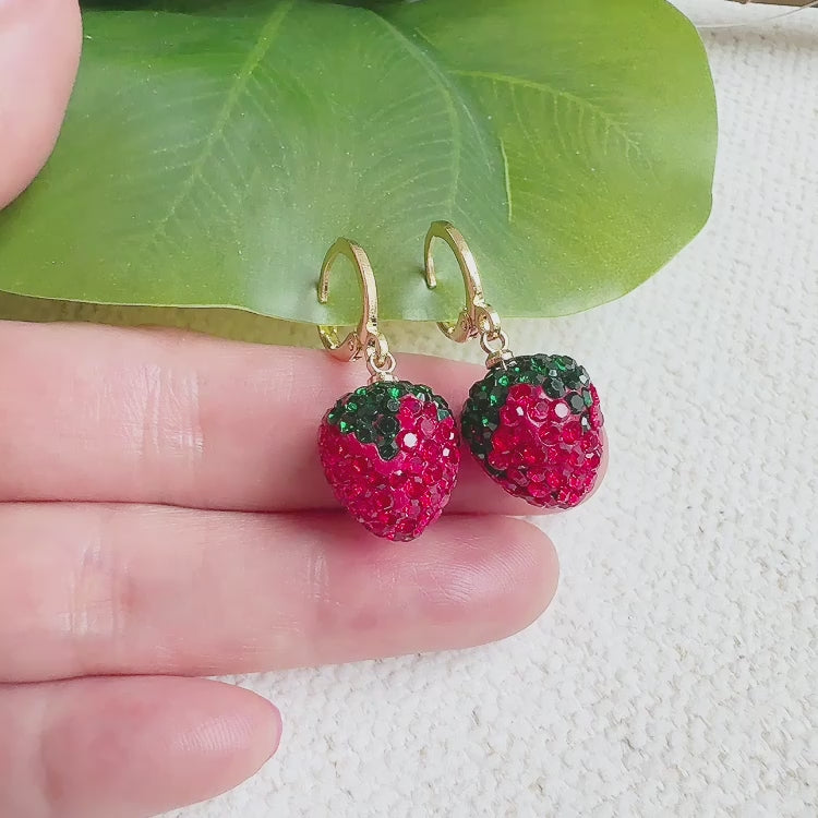 Fresh Cut Strawberry Dangle Huggie Earrings
