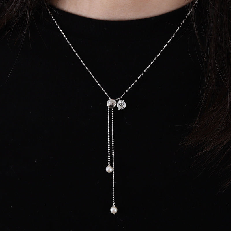 1 Carat Solitaire Diamond Adjustable Necklace - White Gold Plated Sterling silver