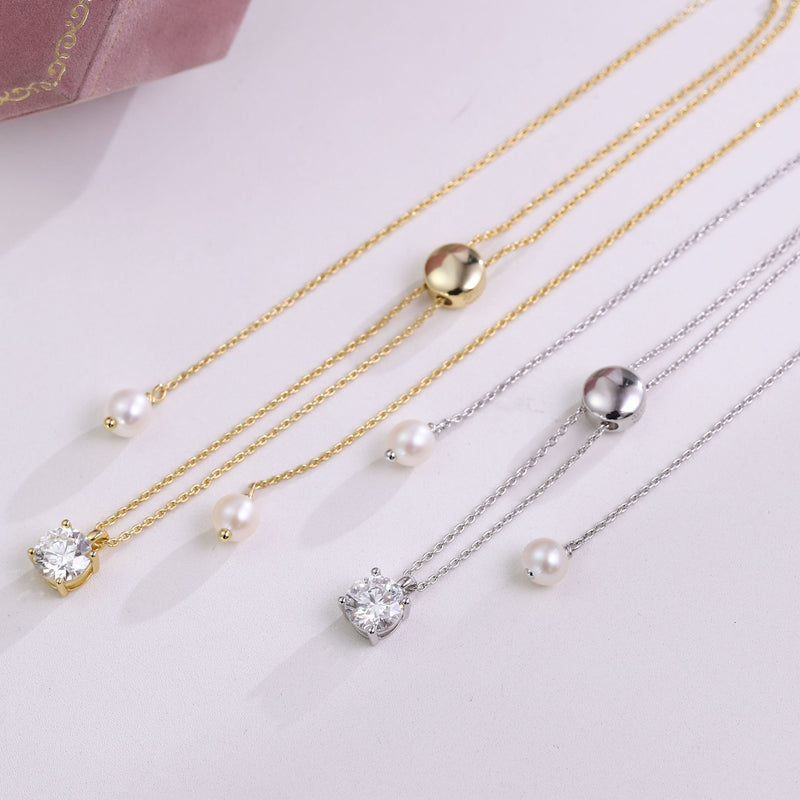 1 Carat Solitaire Diamond Adjustable Necklace - White Gold Plated Sterling silver