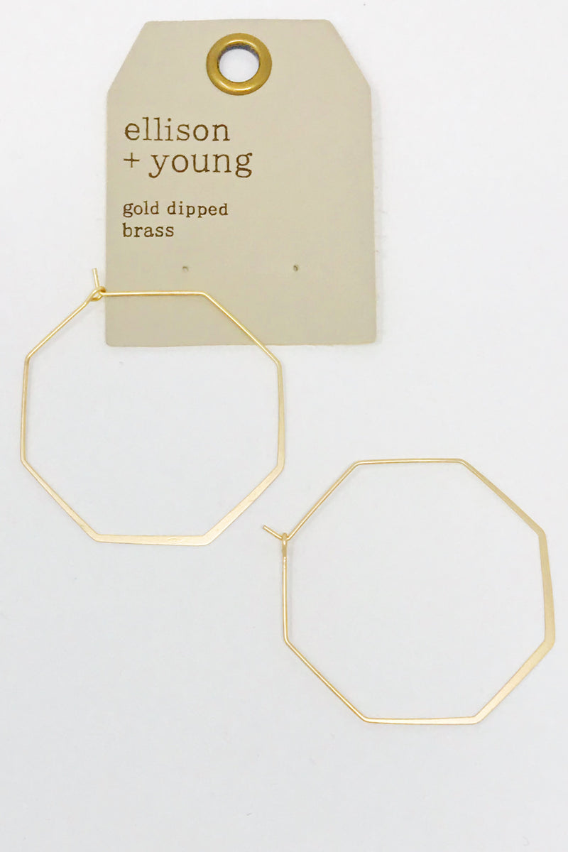 Octagon gold hoop earrings from online Jewelry Boutique Ellison + Young shown in packaging