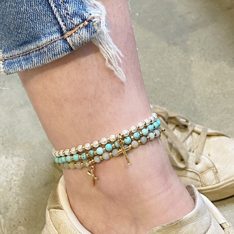 Stone Bead Cross Anklet –